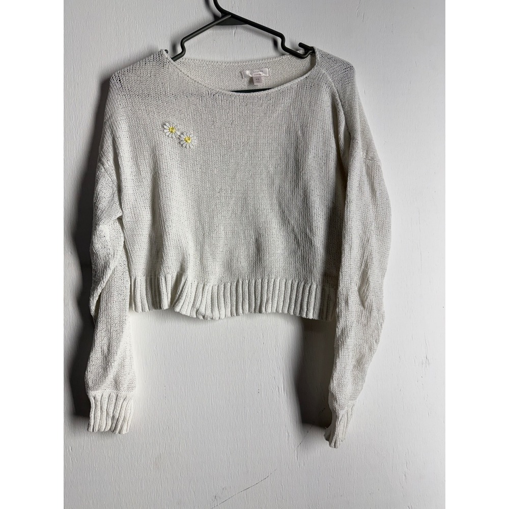 LC Lauren Conrad White Cropped Knit Sweater Daisy Embroidered Boho Top XS